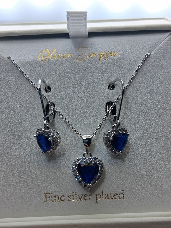 Jewelry - Silver-Plated Blue Heart Pendant Necklace & Earring Set